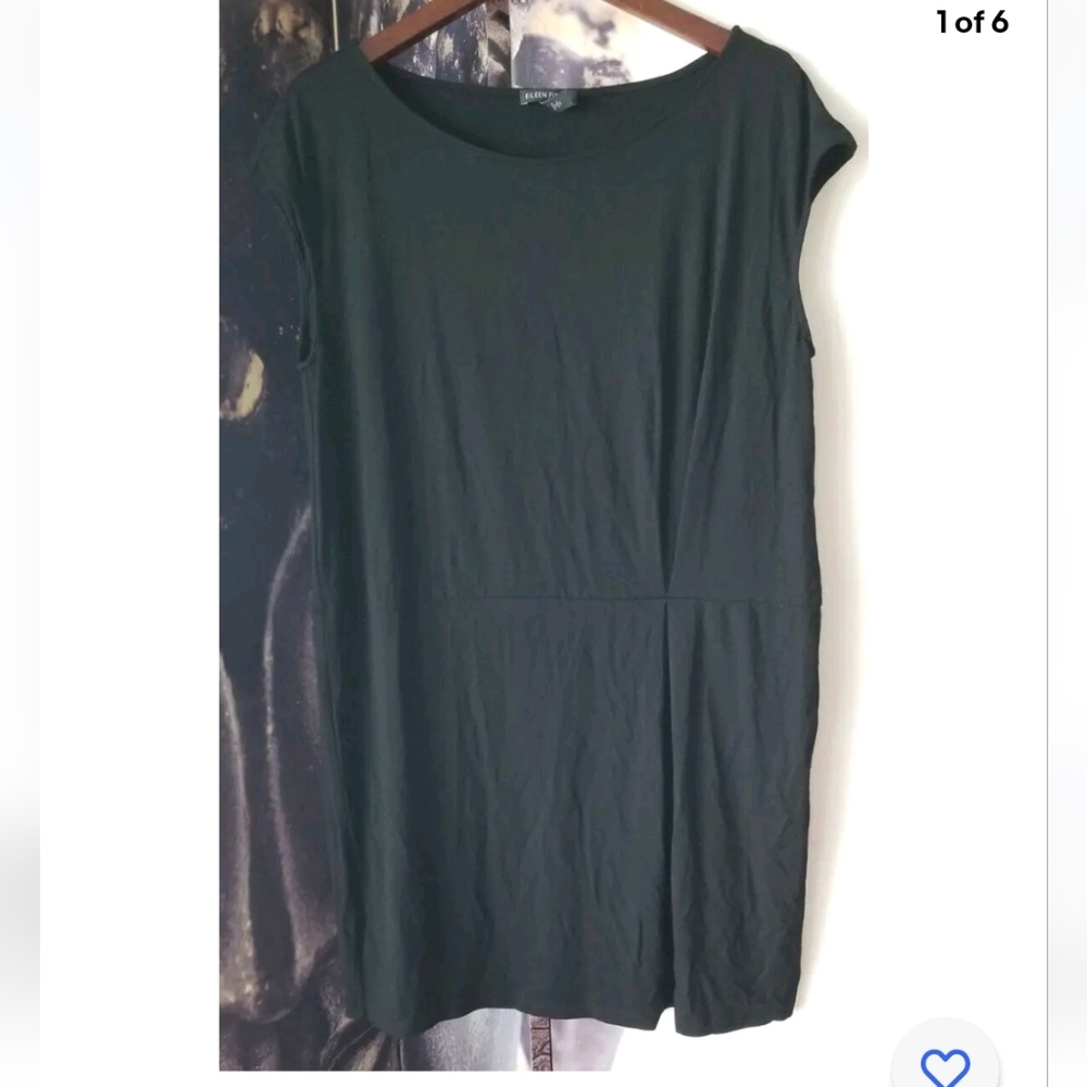 EILEEN FISHER Black Viscose Blend Cap Sleeve Round Neck Shift Tunic Dress Size L